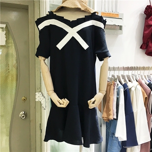 夏装an韩国ulzzang2017夏装新款11an时尚露肩宽松荷叶边短袖连衣裙 na