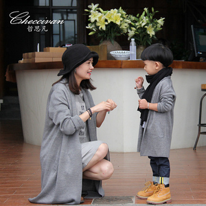 哲思凡亲子装秋装2015<em>灰色长</em>针织<em>开衫外套</em>韩