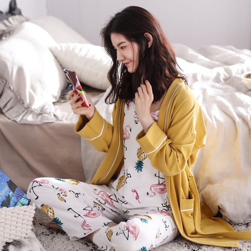 安得妮 秋性感吊带长袖睡衣女士开衫纯棉质家居服三套