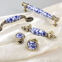 New Chinese wardrobe door handle blue and white ceramic simple bronze cabinet hardware round single hole cabinet handle