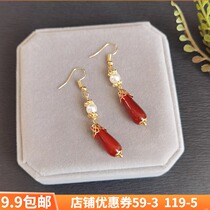 Xianqi original handmade ancient red Agate Pearl Flower bright earrings Tang bride earrings Hanfu cheongsam accessories