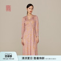 China Ya Ying women mulberry silk national style bubble sleeve slim oil painting dress 2021 summer new 4527A