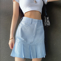 weekeep summer youth art fresh blue pleated skirt girl high waist slim skirt slim full body