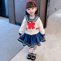 Girl Trendy Foreign Air Suit Nets Red Fried Street Woman Baby Spring With Long Sleeve Sailor Jacket Pompon Skirt two sets