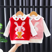 1 Childrens knitted vest autumn winter red pink 2021 new girls little girl round neck base shirt wild 4