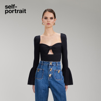 self-portrait 2022 pre-fall classic black square neck flared sleeve bow knit top
