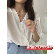 Mustard homemade shirt womens summer thin oblique buckle design niche short-sleeved white bubble sleeve shirt top