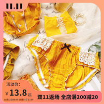Japanese sweet sexy panties female bright yellow lace mesh cotton ribbon bow wings shorts sexy