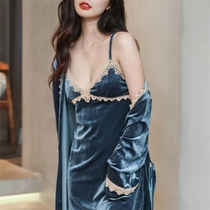 Chic know gold velvet pajamas winter women's premium feel exposed back two-piece lace V-neck home clothing suit