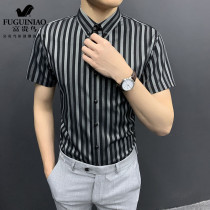 Rich bird spring and summer striped shirt mens short-sleeved slim Korean version of handsome high-end business casual shirt men