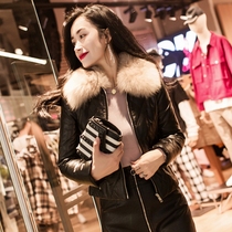 Fox fur collar leather down jacket womens short jacket 2021 new leather fur velvet thickened autumn and winter jacket