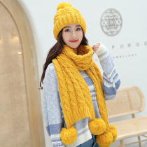 Hat scarf Two sets of ladies autumn winter thickened warm wool line hat Han version knitted hat pure color Young round neck
