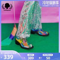 littlegood new retro unique square head design magic color small shoes female British middle heel college small leather shoes