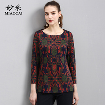 MIAOCAI Middle-aged autumn womens temperament long-sleeved shirt fashion pullover round neck casual top