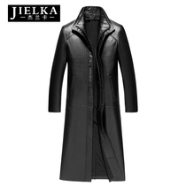 New headlayer cow leather long style Turnover Casual Windsuit Business Men Wear Kneecap Real Leather Leather Clothing Male