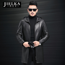 Autumn and winter Haining leather mens goatskin coat long trench coat hooded casual mens coat autumn thin