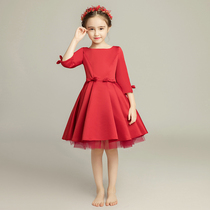 Girls Red birthday princess skirt puffy dress children flower girl host piano performance clothing long sleeve girl