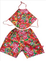 Hot selling cotton northeast flower cloth adult neck belly pocket shorts set red festive yangko performance for men and women
