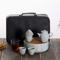 Ru kiln Japanese kung fu tea set ceramic home travel carrying case outdoor pot four cups custom logo