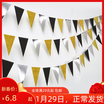 2023 New Birthday Happy Birthday Flag Decoration Graduation Ceremony Classroom lays a black gold and silver triangle to pull the flag