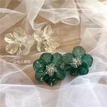 Day Department Jedi Department of Merit Beauty pure silver small frescoed retro green big flowers earrings without dongle earrings