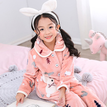 Childrens pajamas girl flannel winter thickened warm middle child girl coral velvet parent-child autumn and winter