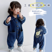 Girls 2020 spring and summer new baby clothes baby fashion pocket cartoon denim frock jumpsuit