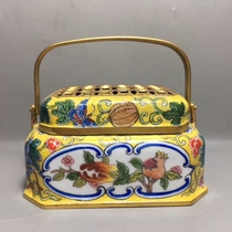 Hot selling antique antique porcelain handmade cloisonne bronze tire enamel painted yellow glaze pomegranate figure hand heater stove