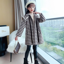 Next win girls woolen coat autumn and winter 2021 new foreign style plaid cotton children's long coat