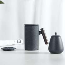 Mug simple ceramic Qingyan creative teacup with lid to brew tea home large capacity water cup wooden handle stoneware cup