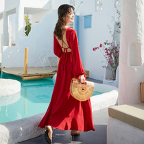 Qinghai Lake Tibet desert tourism long sleeve sunscreen red dress Sanya beach skirt seaside holiday dress women