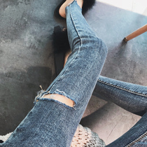 Ripped jeans womens high waist tight skinny nine-point pants 2020 autumn new Korean version of all-match small feet pencil pants