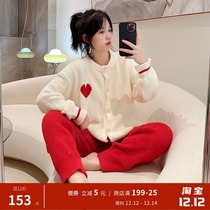 Red cardigan pajamas womens autumn and winter long sleeves thickened half-sided velvet red coral velvet home clothing New Year set new