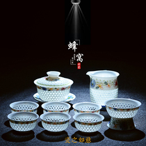 Ice crystal honeycomb Blue and white exquisite ceramic tea set Hollow Kung Fu tea set Tea cup gift box