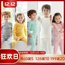 New spring autumn and winter three-season Cotton childrens pajamas long-sleeved trousers belly protection set solid color home two-piece childrens clothing