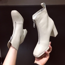 Hong Kong Tide Cards Short Boots Woman 2022 new autumn and winter 100 hitch genuine leather Martin boots Inn wind coarse heel high heel single boot