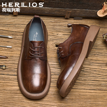 Horrelles British style mens tide business dress Leather Round tie-up Korean casual leather shoes increased thick soles