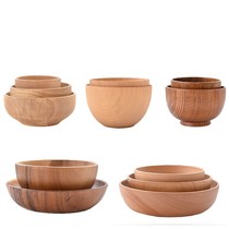 Japanese solid wood bowl Childrens rice bowl Adult handmade home salad bowl Dessert bowl set Retro wooden tableware