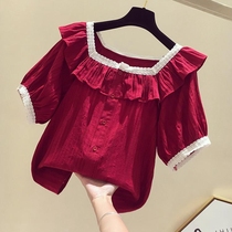 Tide brand ruffle top womens summer 2021 new loose lace French sweet retro short-sleeved western style shirt