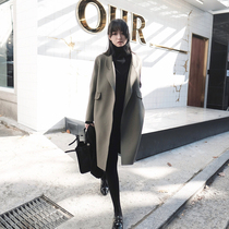 Grey-green double-sided cashmere coat women 2021 autumn and winter New Fashion small man long woolen coat