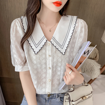 Hollow embroidery crochet single-breasted doll collar shirt womens summer 2021 new temperament wild sweet top tide