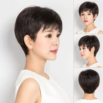 Middle-aged and elderly wigs female short hair full head round face full hair set real hair silk wig lifelike natural short straight hair