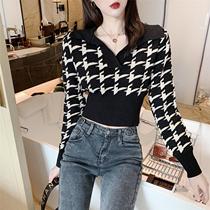 2020 autumn and winter new care machine V collar Bird Gig Knit Undershirt Woman with short collection waist display slim jacket