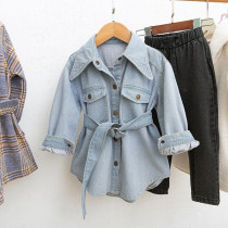 2021 spring new girls European and American fashion temperament shirt collar bubble sleeve lace-up washed denim jacket 6005