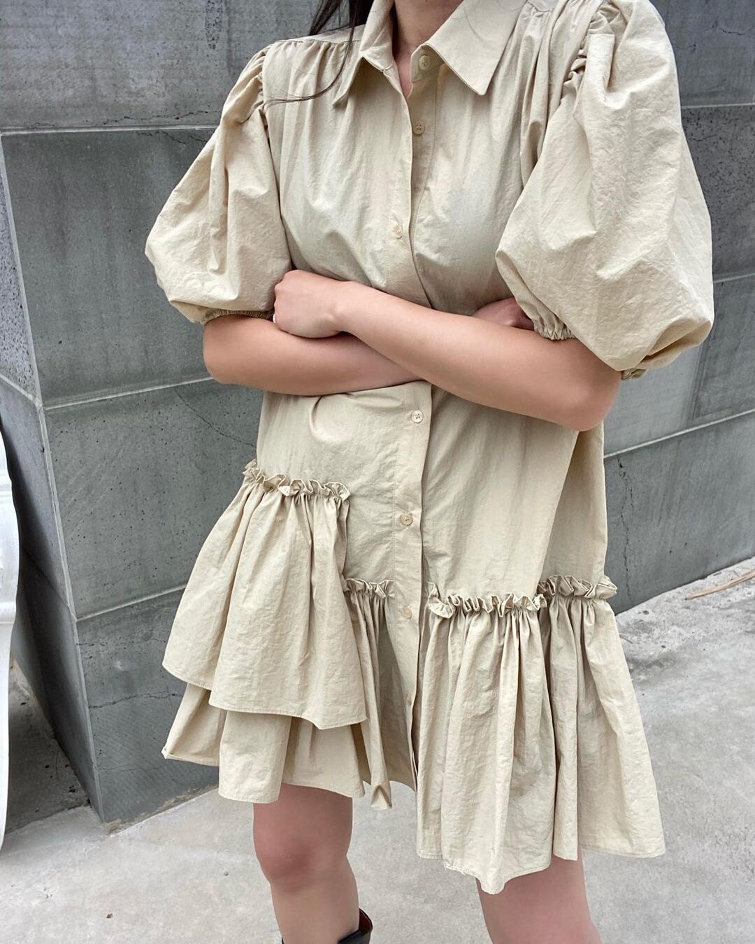 泡泡袖下摆褶皱连衣裙 牛仔马甲-mimi韩风5736#55.