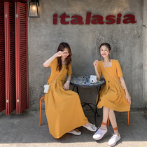 EKOOL best friend dress square collar chiffon short sleeve dress female summer waist slim a thin long skirt