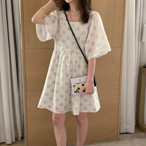 (Limited time 6fold) French temperament square collar wave dot bubble sleeve loose high waist doll skirt long short F0701