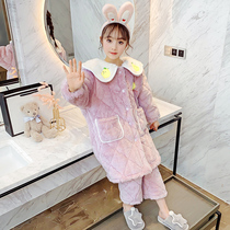 Childrens pajamas autumn and winter three-layer cotton flannel thickened suit girl coral velvet girl home clothing
