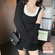 Wang grape slightly fat mm large size dress 2020 new autumn fake two loose round neck knitted vest skirt women