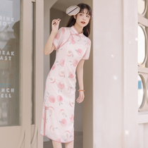 Sichuan Dai time: Sweet Peach National Wind Teenage Girl Qipao Fake two water honey peach printed with long-style qipao dress